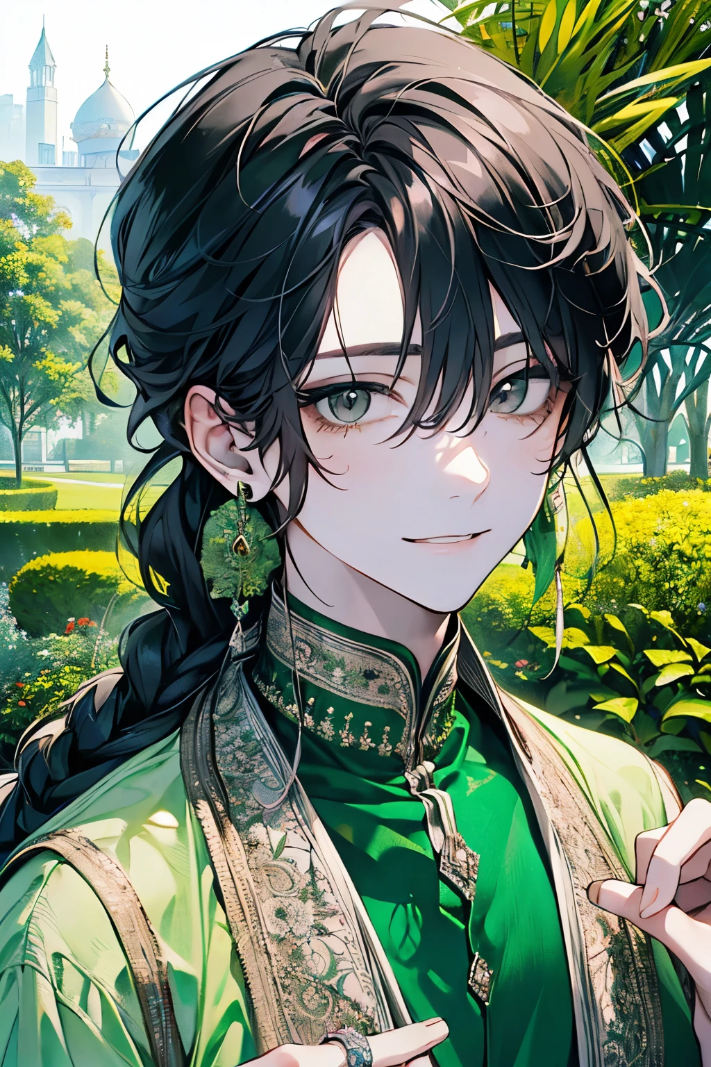 ((ars old man:1.2)), masterpiece, best quality, braid hair, black hair, (portrait), shiny gray eyes,white Salwar Kameez dress, palace,outdoors, garden, perfect hands,(pastel light green),looking front,((Large and gorgeous earrings:1.1)),smile,((He is reaching out his hand towards me:1.2))