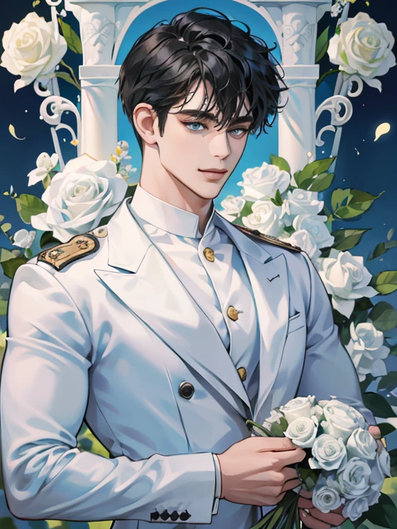 (absurdres, highres, ultra detailed), holding white roses bouquet, 1 male, solo, adult, handsome, finely detailed eyes and detailed face, groom, wedding, wearing white officer uniform, white roses, the lovers \tarot\, Symbolism, Visual art, Occult, Universal, Vision casting, Philosophical, Iconography, Numerology, Popularity, Artistic, Alphonse Mucha, short black hair, light blue eyes, bridal outfit, all white clothes, smile, in a greenhouse, roses