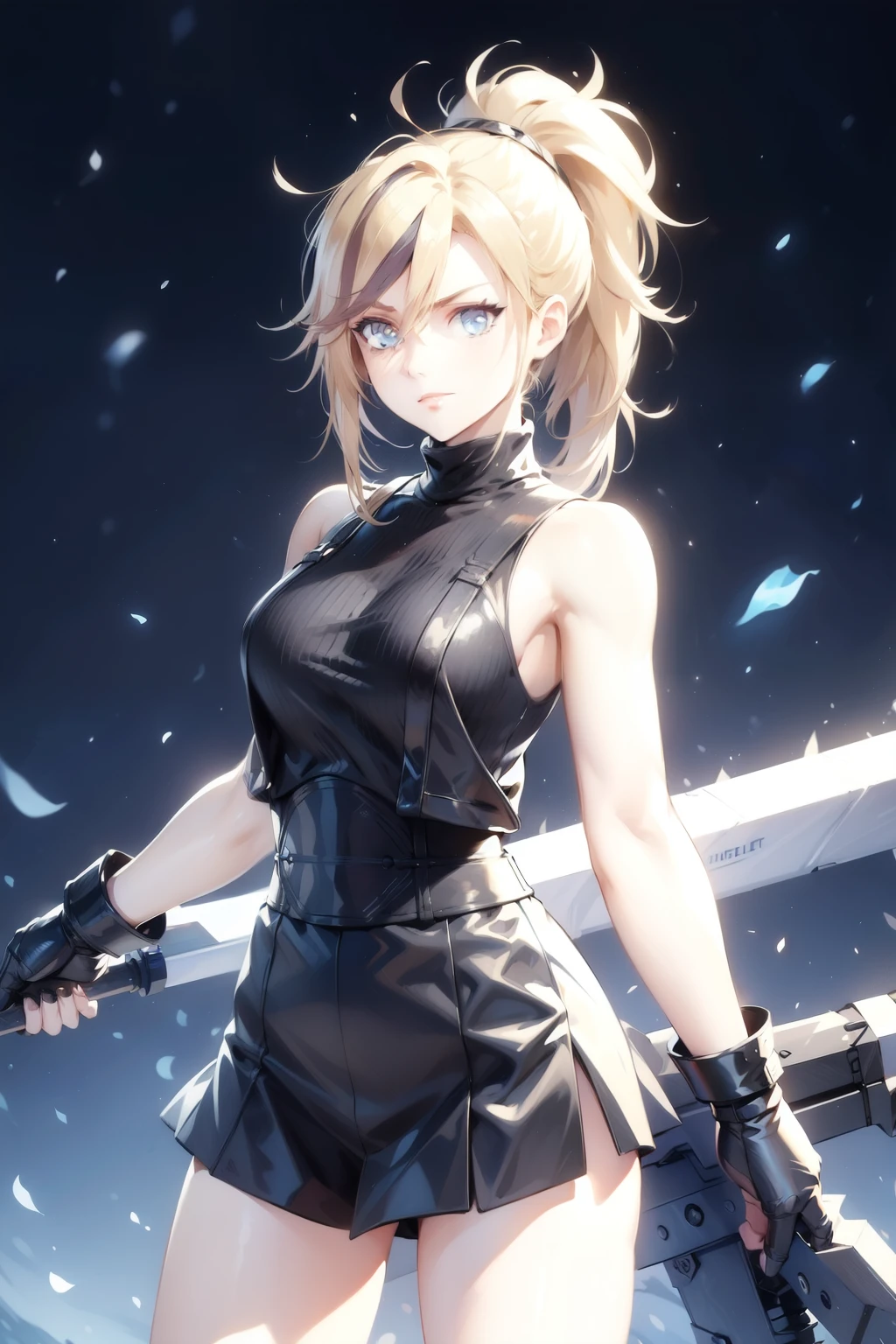 (masterpiece, best quality:1.2), Blue  glowing eyes, perfect face, highres, 1 girl, solo, ultra long ponytail, (female:1.5), strife, blonde hair, shoulder armor, sleeveless turtleneck, suspenders, belt, gloves, bracer, evil smile, standing, portrait, looking at viewer, giant sword on the back