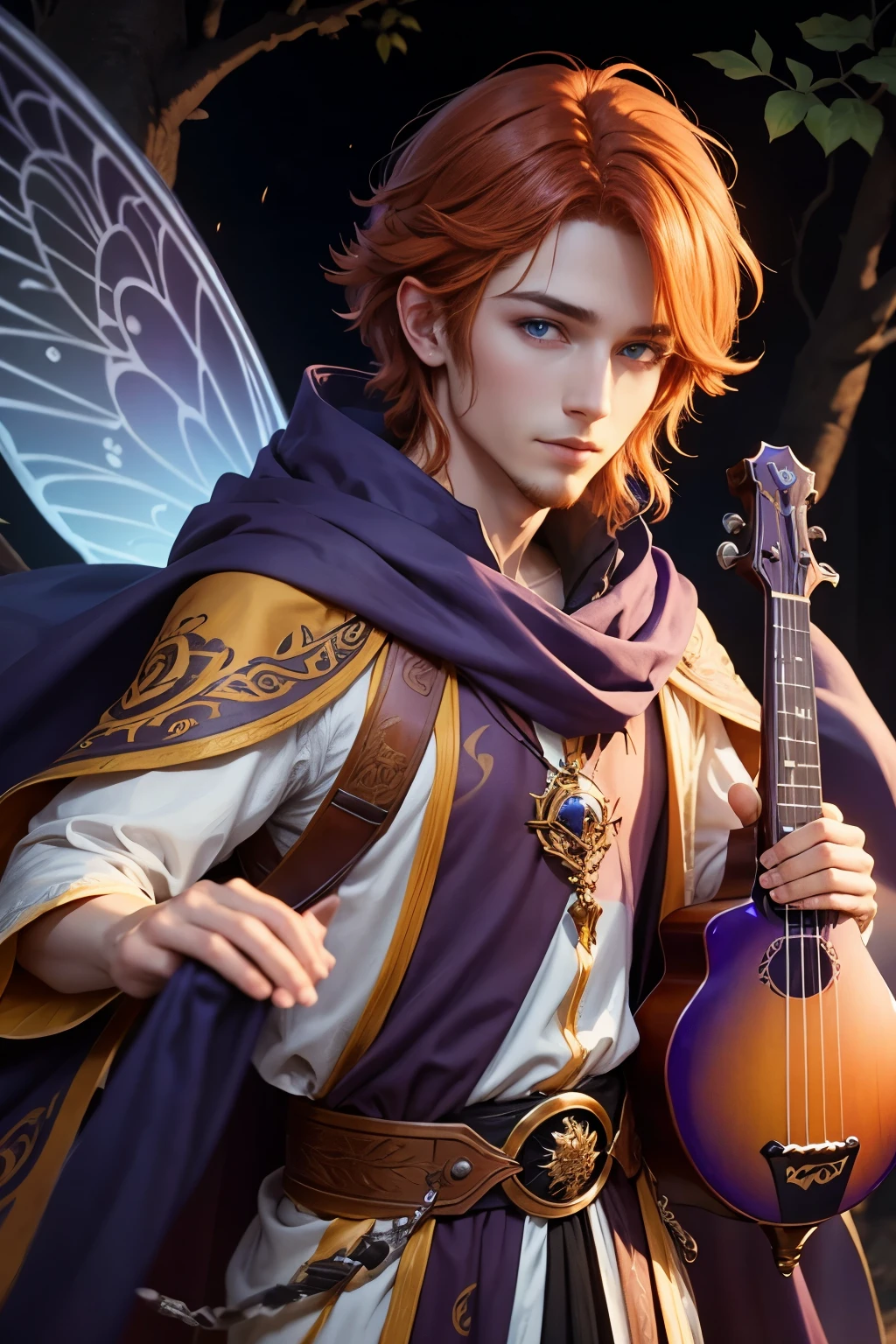 male fairy bard auburn hair amber eyes wearing a cloak and clothes holding a ukele 3ft tall no facial hair with blue and purple wings
