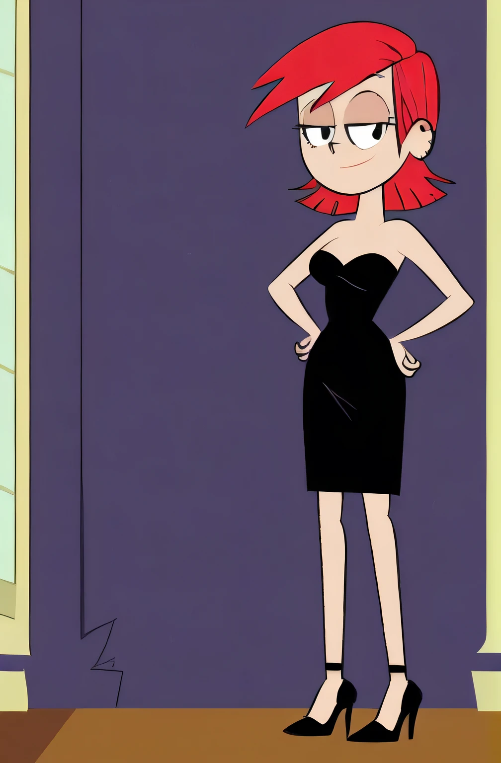 FrankieFoster, red medium hair, bob hair cut, black eyes, posing, solo, strapless black dress, smug, beautiful, arms at sides, standing at the window, hands on hip, black high heels