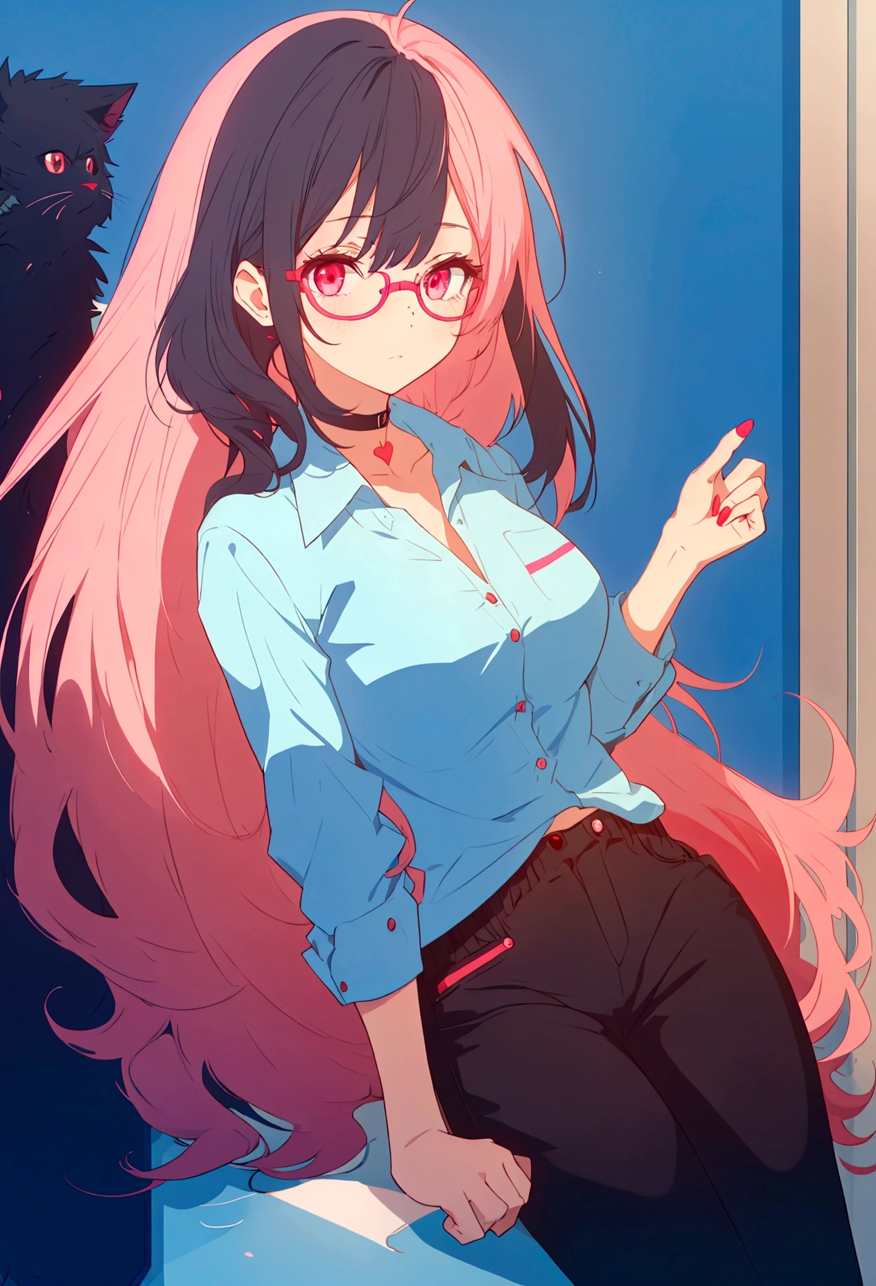 girl, Wearing glasses and a blue shirt,Black Pants,Pink and black hair , Red Eye, Green Eyes