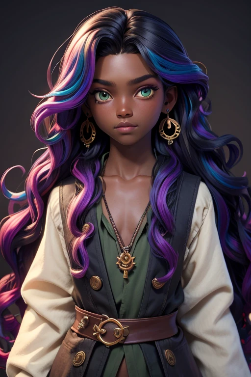 master part, best quality, 1st grade, green eyes, dark skin, rainbow hair, wavy hair, long hair, earrings, jewelry, pirate, long shirt, simple bottom, alone, upper body