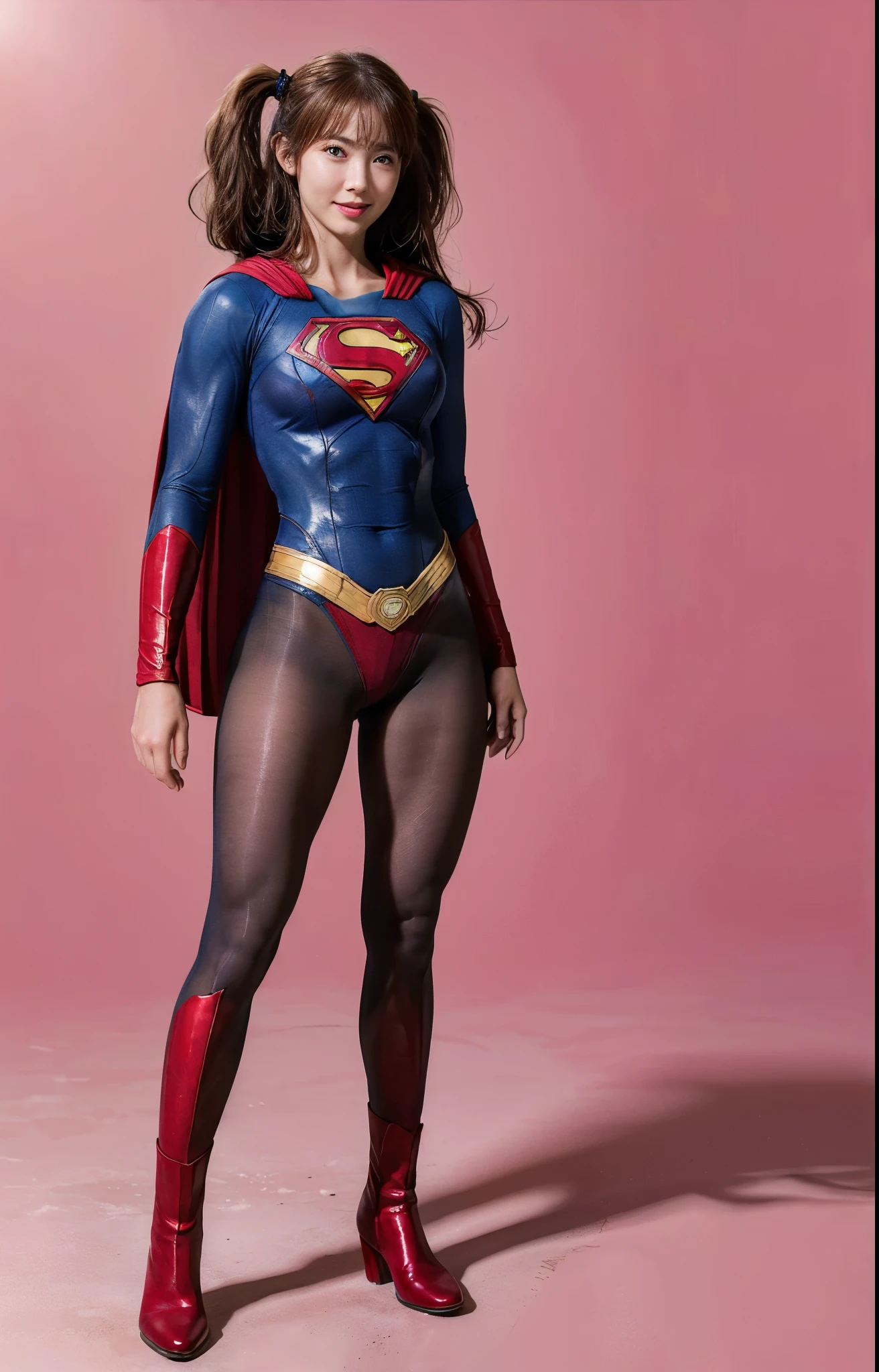 No background、(((Beautiful legs in black tights.)))、(((Legally express the beauty of your smile)))、((((Make the most of your original images)))、(((Body-hugging Supergirl costume)))、(((Supergirl Costume)))、(((Beautiful hair with twin tails)))、(((suffering)))、(((Please wear black tights....、Wear red boots)))、((Best image quality、8k))、((highest quality、8k、masterpiece:1.3))、(((Preserve background )))、Sharp focus:1.2、Beautiful woman with perfect figure:1.4、Slim Abs:1.2、Wet body:1.5、Highly detailed face and skin texture、8k