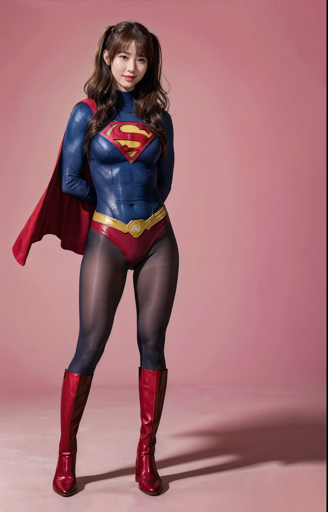 No background、(((Beautiful legs in black tights.)))、(((Legally express the beauty of your smile)))、((((Make the most of your original images)))、(((Body-hugging Supergirl costume)))、(((Supergirl Costume)))、(((Beautiful hair with twin tails)))、(((suffering)))、(((Please wear black tights....、Wear red boots)))、((Best image quality、8k))、((highest quality、8k、masterpiece:1.3))、(((Preserve background )))、Sharp focus:1.2、Beautiful woman with perfect figure:1.4、Slim Abs:1.2、Wet body:1.5、Highly detailed face and skin texture、8k