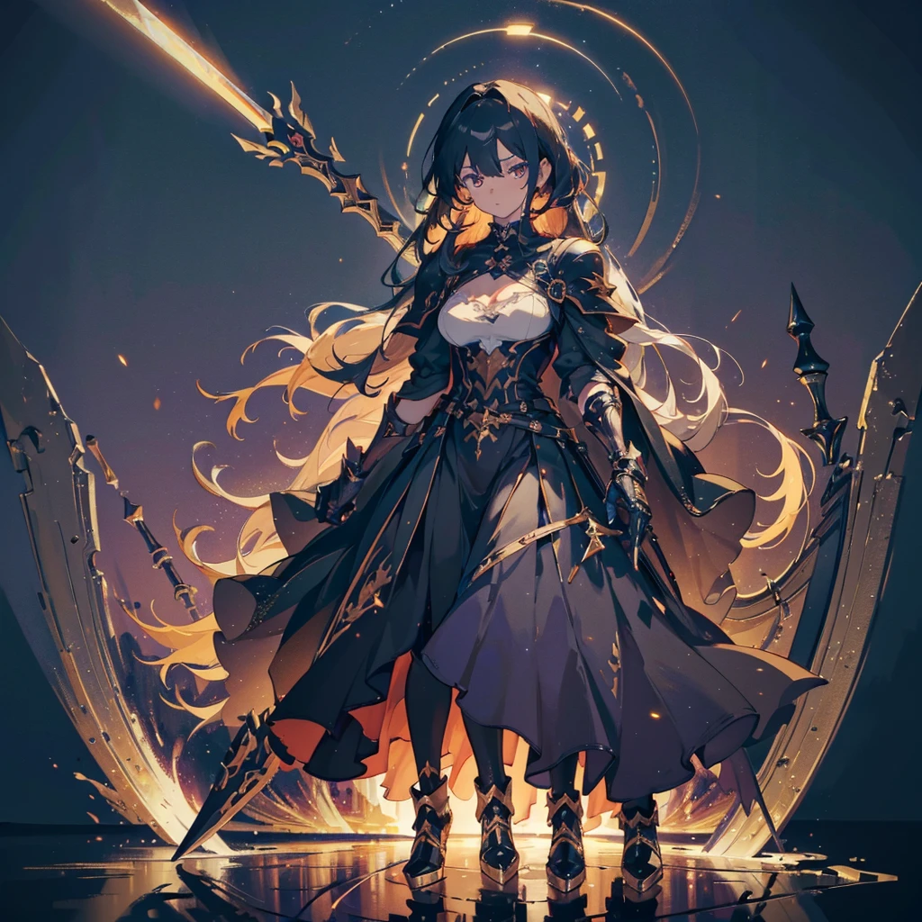 (((masterpiece, best quality, high detailed, 8k))) Design a layout showcase Gaming character, (1girl). Black|Gold clothes, stylish and unique. ((showcase weapon:1.4)), dark scythe. (masterpiece:1.2), (best quality), 4k, ultra-detailed. (Step by step design, layout art:1.5), (luminous lighting, atmospheric lighting). necromancer, ((glove full hands)), (((revealing clothes:1.3))), vambraces, armored legwear, (((full_body_shot:1.4))). {In a haunted graveyard}.