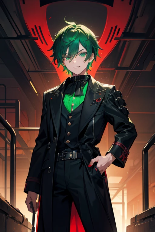 I want a male adolescent with green hair, a inventor with his creations by his side, using a black coat, with a malicious grin, with red colours in his creations, with a cyperpunk background.