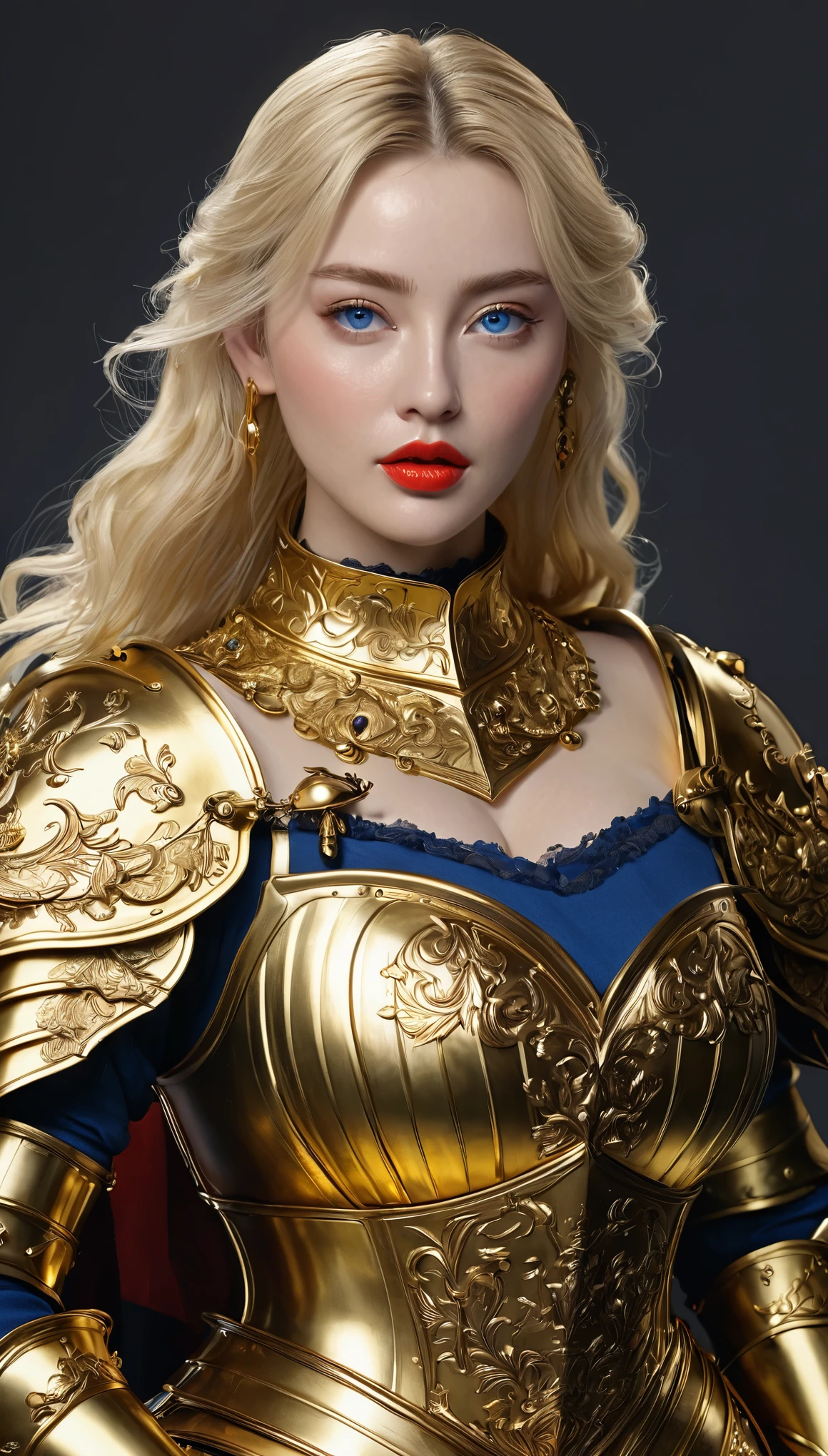 masterpiece,highest quality,,(female knight_Golden Armorを着たfemale knight:1),(Golden Armor:1.3), (35歳のfemale knight:1.3),、Big and ample breasts,Big Breasts,Big Breasts,,Hyper Real,中世ヨーロッパの都市のbattlefieldにいる,Expressionless,、British women、Delicate skin texture to the smallest detail 、(Detailed blue eyes)、(Chubby body type))、(とても大きなBig Breasts)、Middle-aged women、(ふわふわblondeの長い髪)、Wheat tanned skin、(blonde)、Very large cleavage、Woman warrior、Big Breastsの谷間、豪華に装飾されたGolden Armor、Medieval witch、High Leg、Golden long boots with flashy decorations、Deep neckline、Pure gold and jewellery necklaces and collars、Big gold earrings、Bright red lips、豪華なGolden Armorを着て、Gold Long Gloves、He has a big long sword、The sword is ornately decorated..........................、The blade is pitch black、(Golden Armorを着たfemale knight)、(battlefield)、