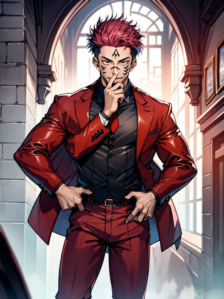 (masterpiece, best quality: 1.2), Solo, nsfw, male focus, 1boy, sukuna, tattoo_On_his_face, male, full bodyesbian, Red Leather jacket, Black Leather shirt, Leather pants, red Leather waistcoat, red Leather tie, Leather Gloves, Bulging muscles, A pink-haired, cow boy shot, 8K, super detailing, hands on penis, large erect penis over 10 inches length and 3 inches width, tight leather suit, inside the house,