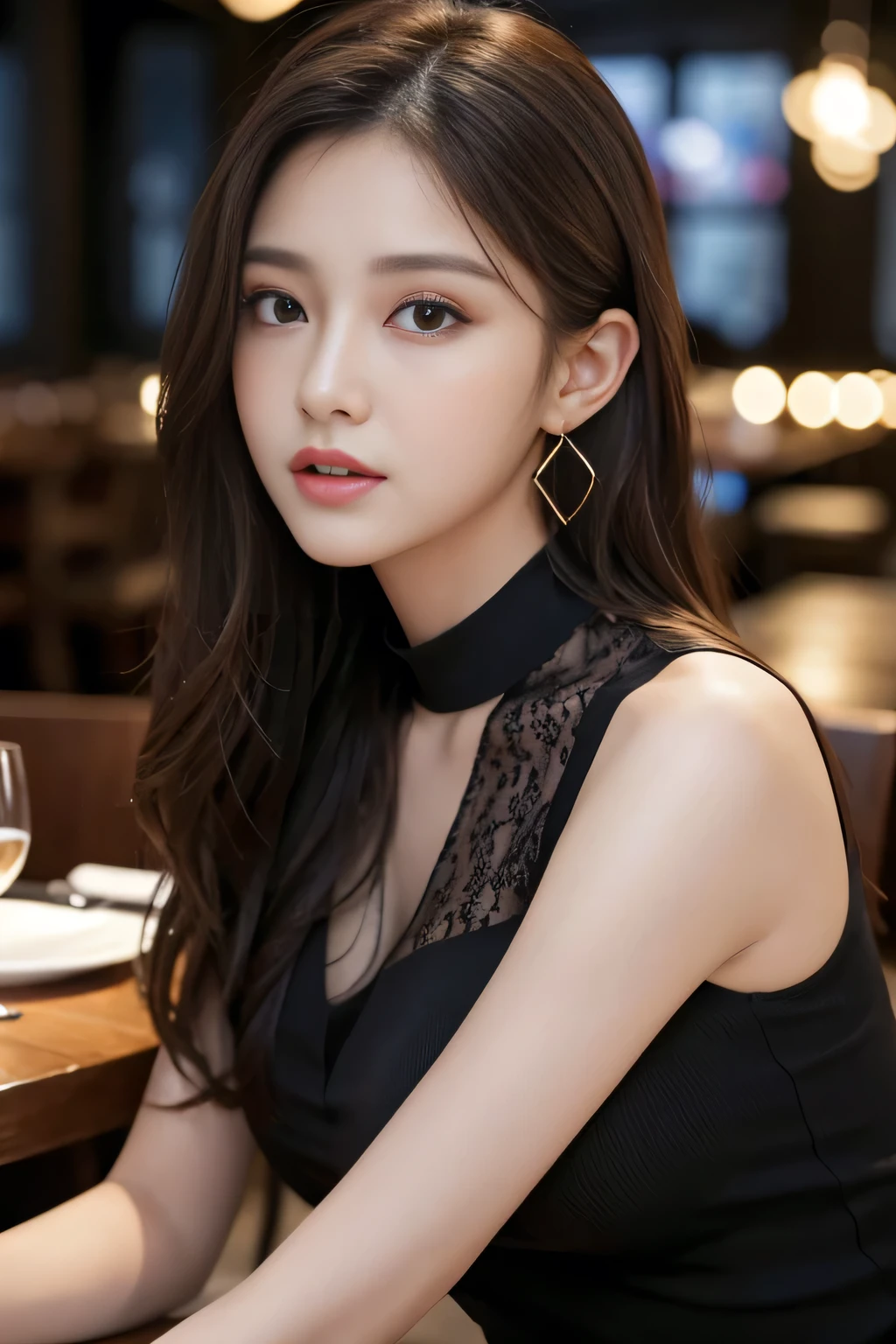 masterpiece, highest quality, Realistic, Very detailed, Finer details, High resolution, 8k wallpaper, One beautiful woman, Wear a black see-through shirt, In a great restaurant, At night, Light brown messy hair, Perfect dynamic composition, Beautiful and beautiful eyes、Big earrings、Sleeveless shirt、