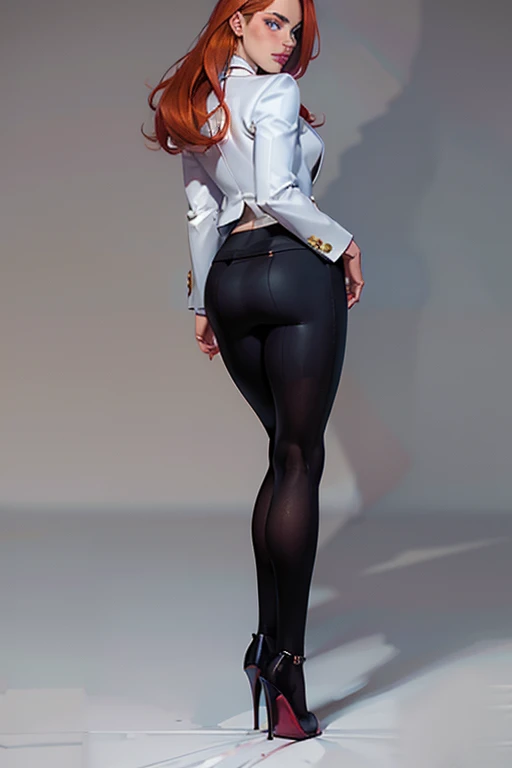 (back view),(full body:1.4),((ultra realistic illustration:1.2)), Tall, slender ((redhead)) woman of Irish descent. (pale:1.3)complexion. blue eyes, cute butt, nice legs. Kind eyes, cute smile. Eyeglasses, Mascara, eye shadow, blush, necklace, gray blazer and pencil skirt, blouse, (tan color RealPantyhose:1), stiletto heels. Lawyer, in courtroom. Masterpiece, (highly detailed:1.2),(detailed face and eyes:1.2), 8k wallpaper, natural lighting. core shadows, high contrast, bokeh.