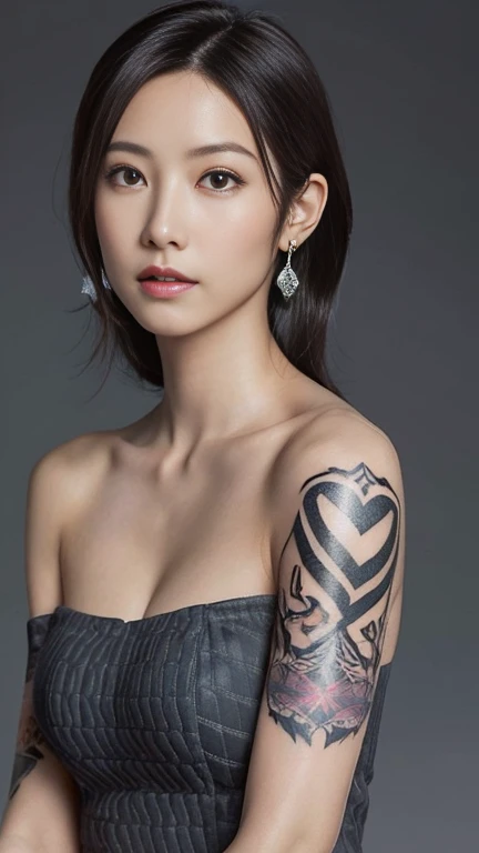 Anime-style woman, thin, thin, whole body, Full of tattoos, Lots of earrings, Beautiful and shiny hair, Rainbow Eyes, Slanted Eyes, Wavy Hair, Kind and charming, shoulderを露出させる, Delicate and sexy collarbone, Attractive oval face, double eyelid, Pink Lips, Small Nose, Concentrated face, Ultra-high resolution, Very detailed, Graceful posture, Nice, ultra-thin, A sheer charcoal grey Ise style Inden pattern tight dress,(arm、shoulder、Tribal tattoo pattern body paint on chest),Glowing Skin, Realistic Background, sunlight,FULL BODY