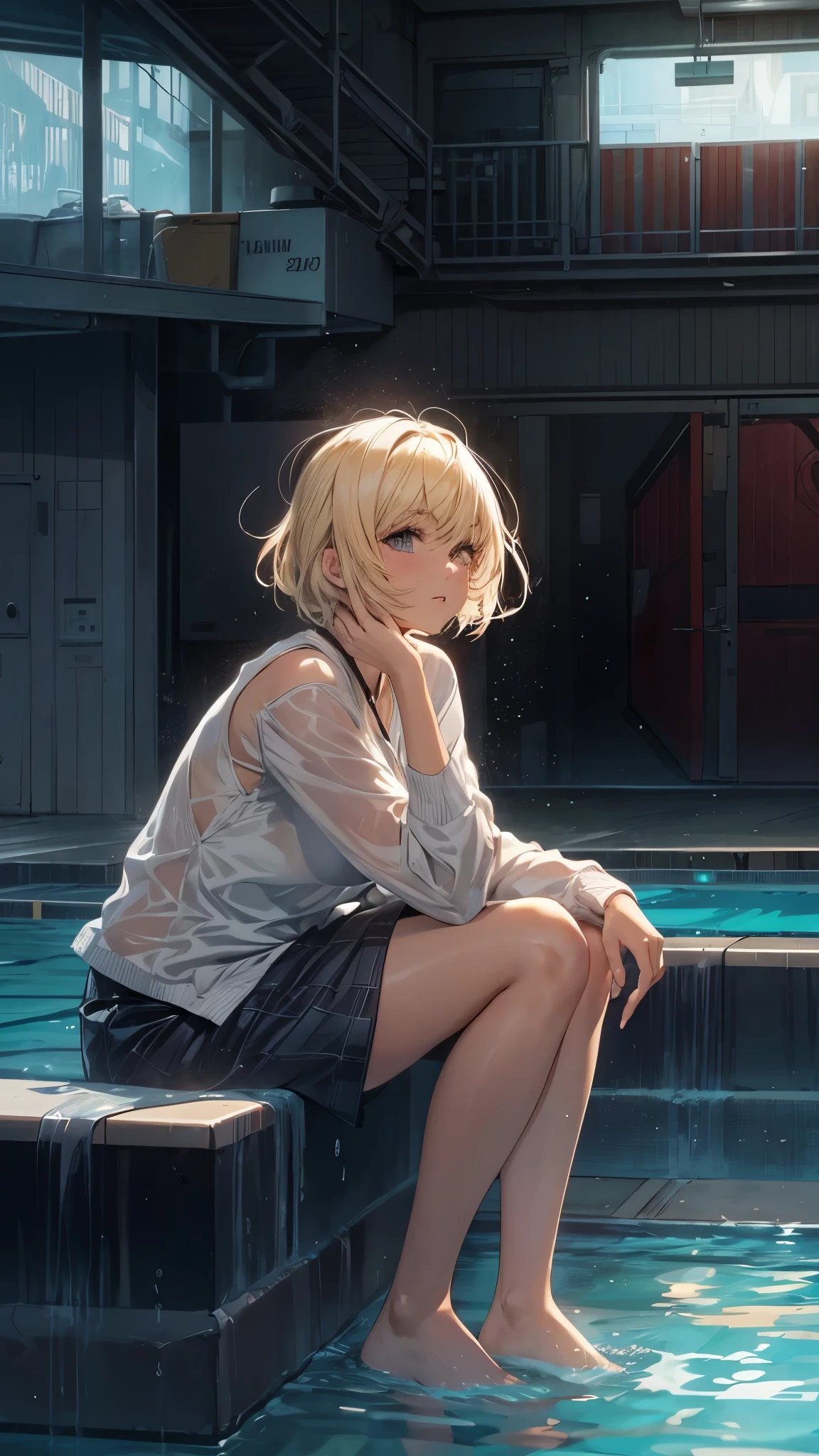 Inside the backroom’s world,Inside the closed pool rooms,outside the dark world,the pools gones forever,space,one 20years old woman,blonde short hair,sitting on the pool side,