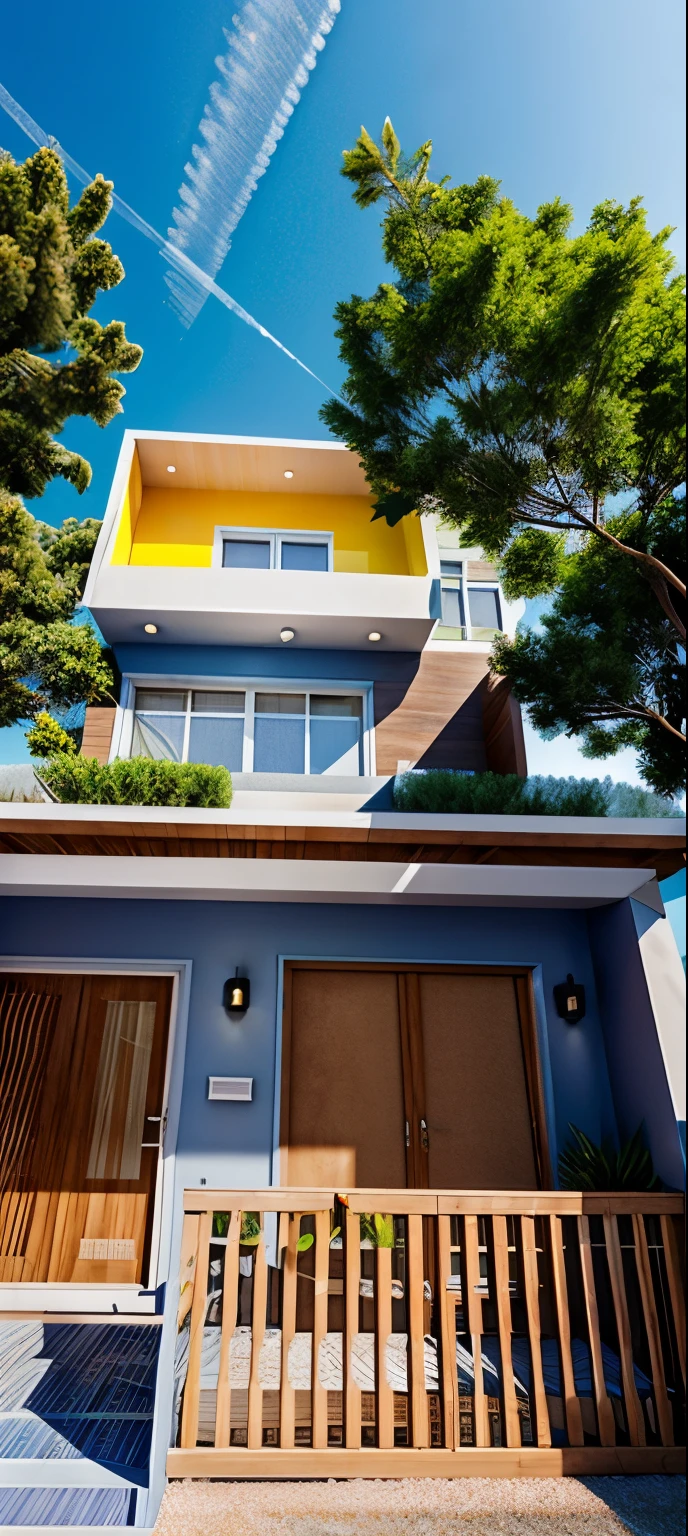 (masterpiece),(high quality), best quality, real,(realistic), super detailed, (full detail),(4k),8k,preschool exterior design, Modern preschool,Blue tone wall mixed with a little yellow and brown,Day light, no_humans, outdoors,sky,tree,Garden flower front of building