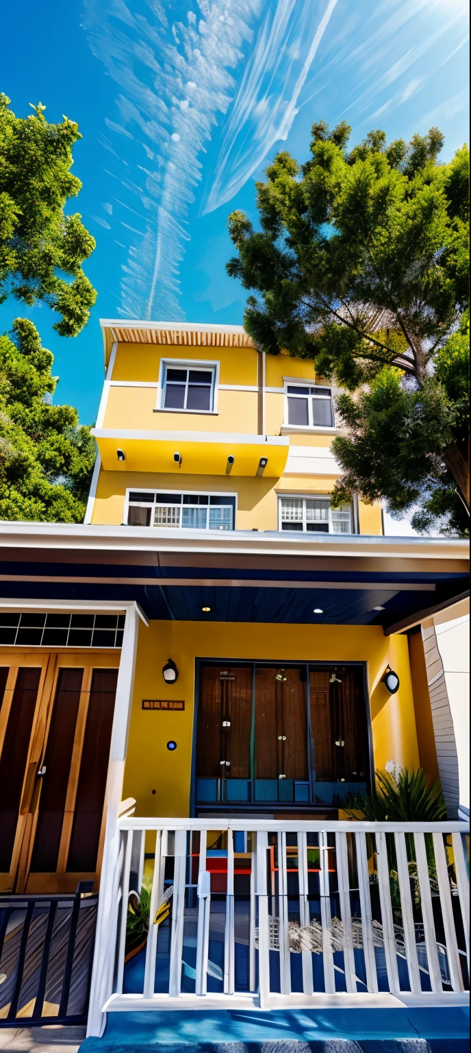(masterpiece),(high quality), best quality, real,(realistic), super detailed, (full detail),(4k),8k,preschool exterior design, Modern preschool,Blue tone wall mixed with a little yellow and brown,Day light, no_humans, outdoors,sky,tree,Garden flower front of building