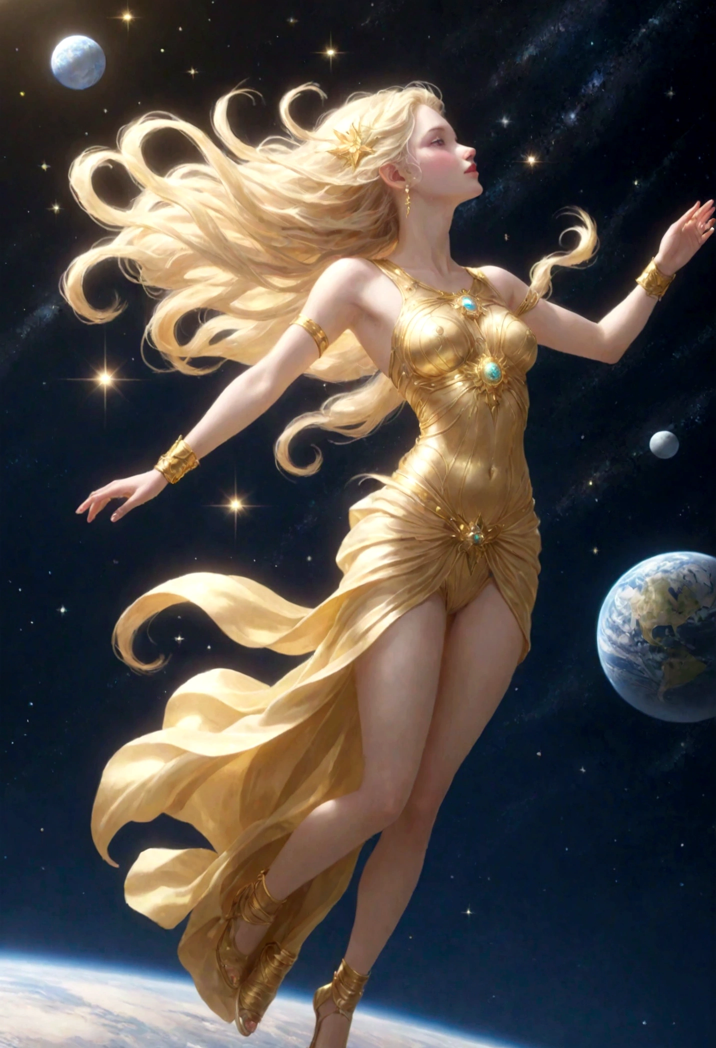 (masterpiece、highest quality、High resolution、8k)、Alone in space、Greek Goddess、Standing posture、whole body、Super beautiful、(Floating in the sky like a star、Floating、Floating)、金色のLightがwhole bodyを包んでいる、whole bodyがLightの中にある、Looking down on the earth、(目がくらむほどのLight、Light、Light)、宇宙はLightに満ち満ちている、Dynamic Movement、The universe is great、God is Great、