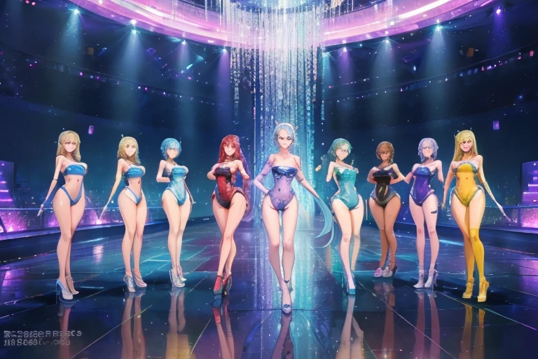 (highest quality)), (masterpiece), (detailed),
Many Female Androids,
All with perfect human faces, Everyone has a beautiful face,
Except for the face、All colorful internal skeletons fully visible.,
They're all different heights,
Everyone is Top、Bottoms, Different shaped arms and legs, All standing, Multiple poses, group, everyone is looking at me, Full Body Shot. ,