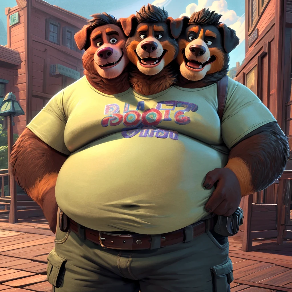 solo, bernese mountain dog, three identical heads on one body, brown and black and white fur, bernese mountain dog ears, masculine, necks, (eyes), adult, male, 50 years old, (stylized 3d, by disney, by rembrandt), by pixar:1.1, by dramamine, ugly, (obese), boardwalk background, (fully clothed, tshirt, cargo shorts, belt, fanny pack), correct hands, correct anatomy, (ultradetailed, best quality, detailed masterpiece, highly detailed masterpiece, 4k, professional cartoon:1.7), (natural pose), (detailed expressions, worried, annoyed, laughing)