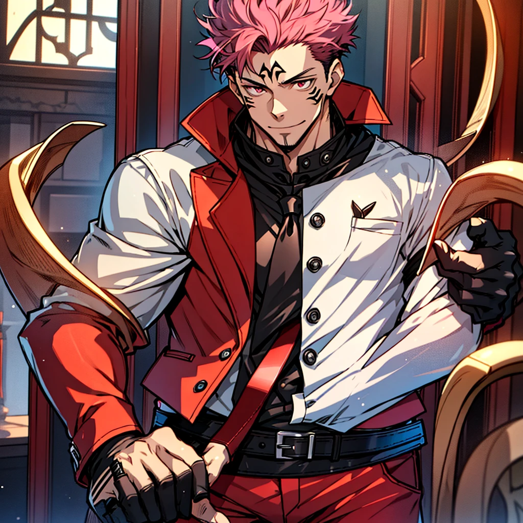 (masterpiece, best quality: 1.2), Solo, nsfw, male focus, 1boy, sukuna, tattoo_On_his_face, male, full bodyesbian, Red Leather jacket, Black Leather shirt, Leather pants, red Leather waistcoat, red Leather tie, Leather Gloves, Bulging muscles, A pink-haired, cow boy shot, 8K, super detailing, hands on penis, large erect penis over 10 inches length and 3 inches width, tight leather suit, inside the house,