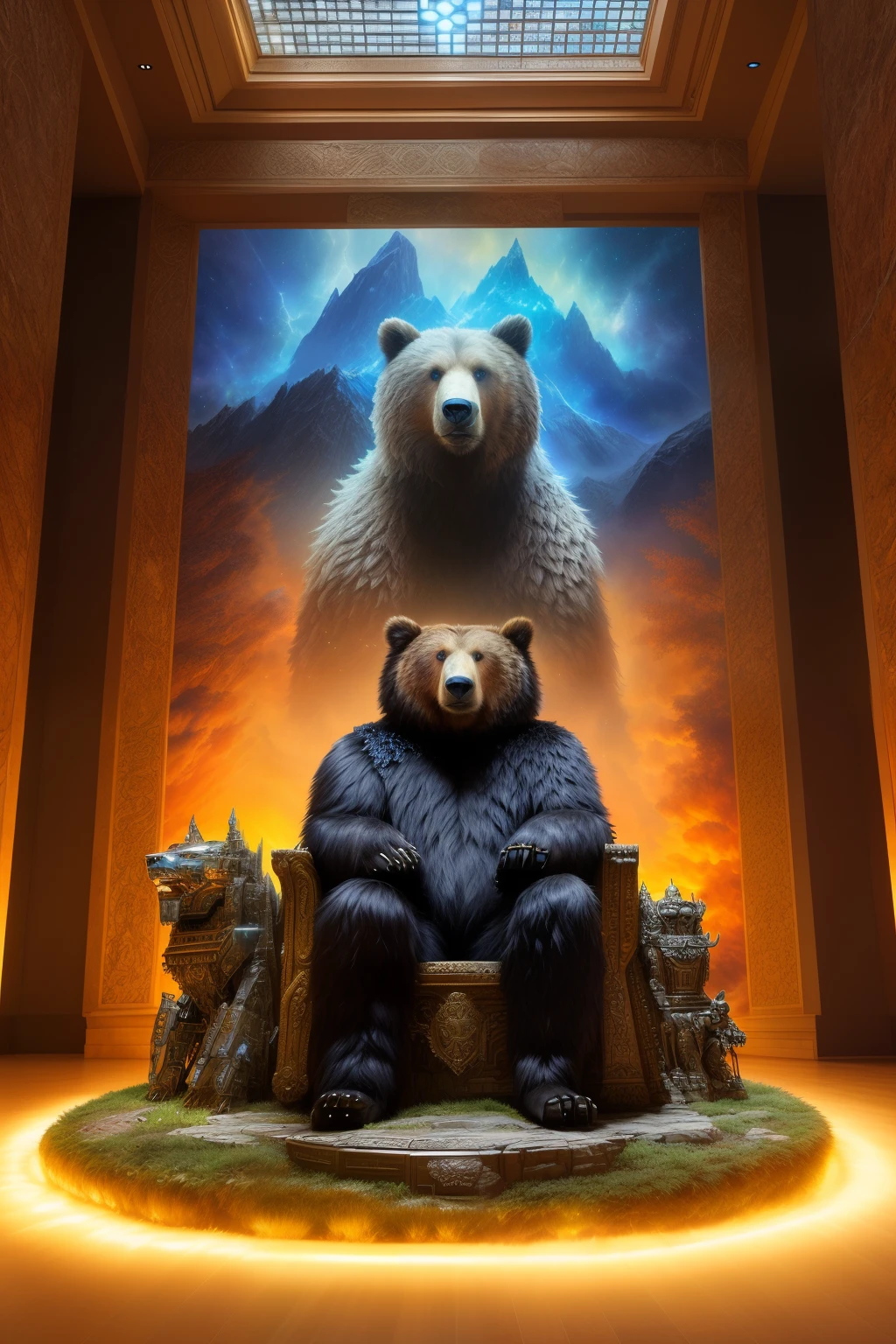 A captivating image of a majestic bear, featuring a robotic facade, seated regally upon a grand throne. (robot-faced bear: 1.2), (throne: 1.3), (detailed fur: 1.4), (high-detailed robotic features: 1.1), (HDR lighting: 1.3), cinematic composition, (vignette: 1.2), center-framed. The bear's robotic elements spark a sense of mystery and intrigue, while its detailed fur and naturalistic expressions evoke a sense of warmth and majesty. This extraordinary image, easily considered a masterpiece, is presented in the