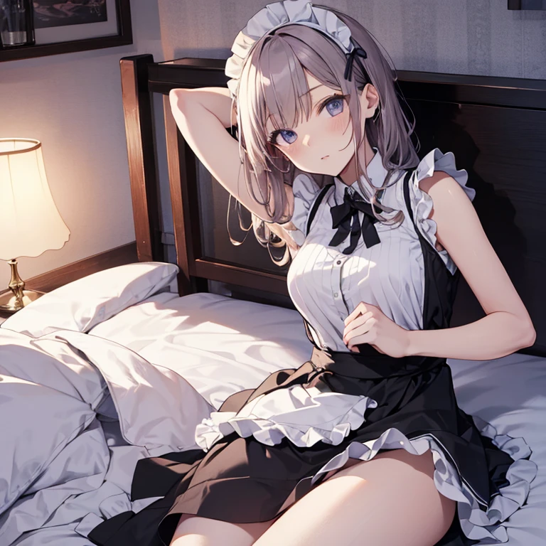 A maid, (in bedroom), various hair styles, night, details face, short skirt, seducing, sleeveless, maid uniform, armpits, laying on bed
