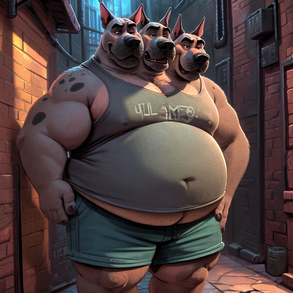 solo, great dane, three identical heads on one body, gray fur, bald, great dane ears, masculine, necks, (eyes), adult, male, 50 years old, (stylized 3d, by disney, by rembrandt), by pixar:1.1, by dramamine, ugly, (obese), dark alley background, (fully clothed, sleeveless tshirt, shorts), correct hands, correct anatomy, (ultradetailed, best quality, detailed masterpiece, highly detailed masterpiece, 4k, professional cartoon:1.7), (natural pose), (detailed expressions, worried, annoyed, laughing)