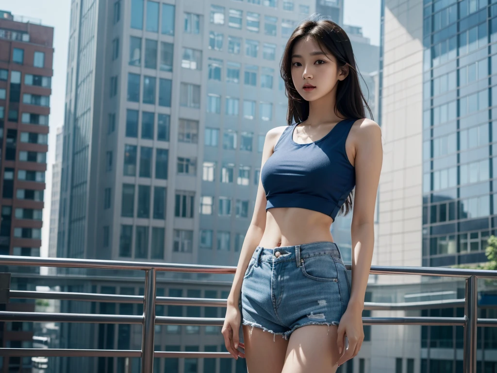 (Wallpaper 8k), Close-up of Asian woman standing in front of window, (tall building scenery), cute girl, (one person), Slim figure, (thin), white skin, High surface detail, (blue tank top : 1.1), Crop shirt, navel, shorts