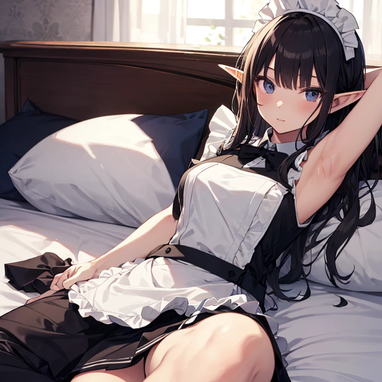 A maid, (in bedroom), various hair styles, night, details face, short skirt, seducing, sleeveless, maid uniform, armpits, elf, laying on bed