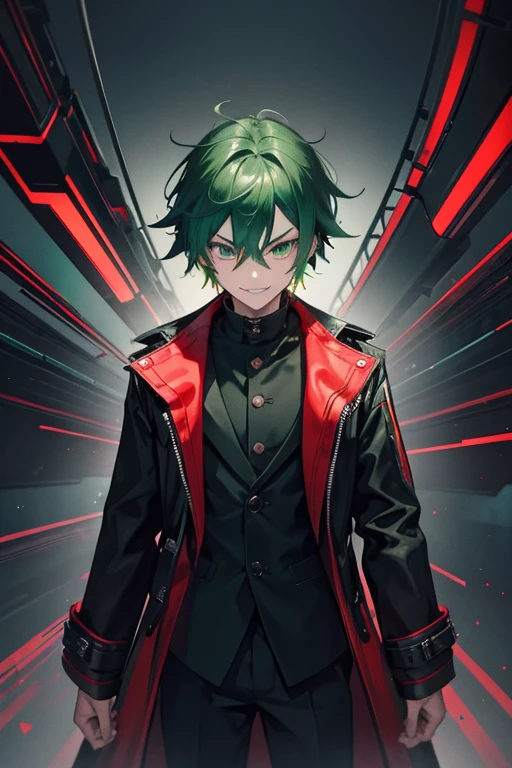 I want a male adolescent with green hair, a inventor with his creations by his side, using a black coat, with a malicious grin, with red colours in his creations, with a translucid red panel, with a cyperpunk background.