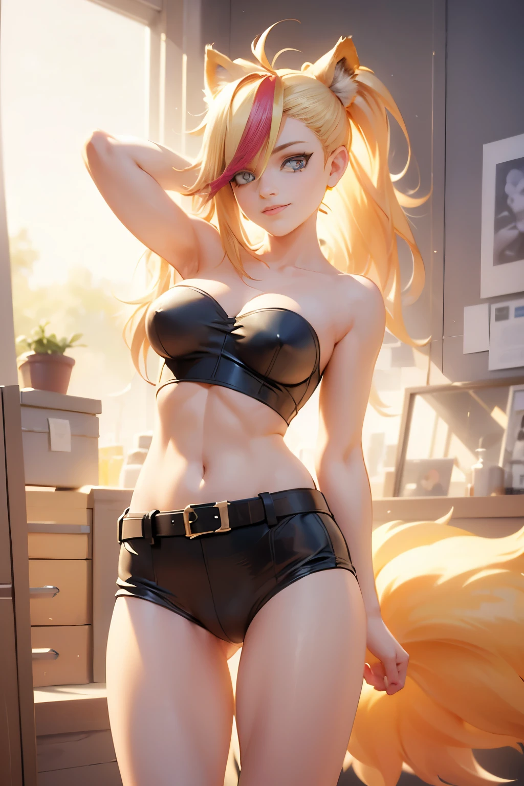 (absurdres, 8k, 4k, masterpiece, hyper extreme detailed:1.2), solo, front view portrait, best quality, portrait, solo, adult, cowboyshot, perfect anatomy, 1girl, perfect face, expressive eyes, perfect eyes, (masterpiece, best quality:1.2), leone, smile, arms behind head, blonde hair, cat ears, strapless, detached sleeves, scarf, belt, tail, midriff, large breasts, hands behind head, sarcastic, friendly, snarky, toned, muscular, athletic, dynamic pose, perfect face, belt, wind, windy hair, moving hair, moving clothes, flowing, messy hair, very long hair, closed mouth, hand to hip,