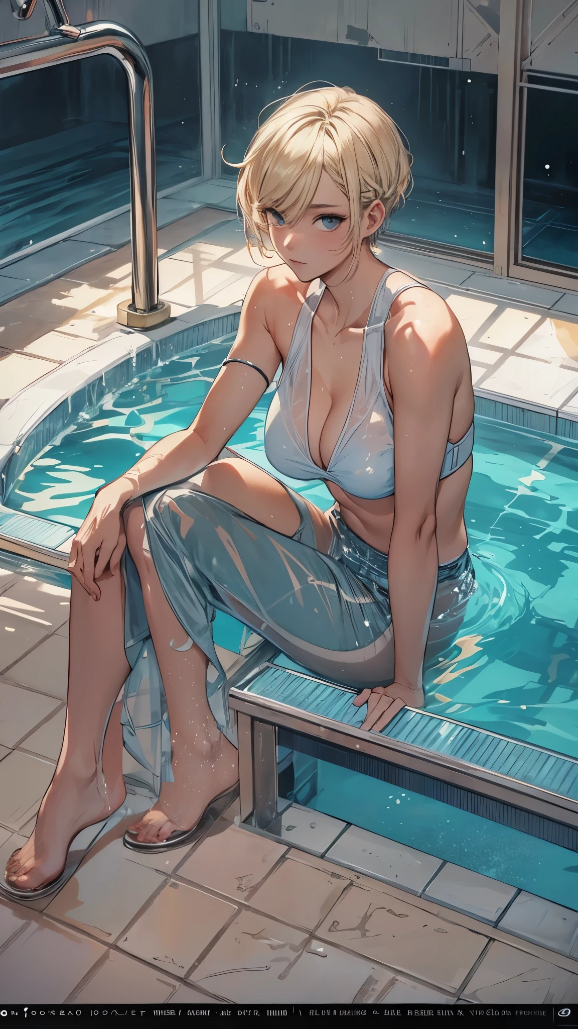 Inside the backroom’s world,Inside the closed pool rooms,outside the dark world,the pools gones forever,space,one 20years old woman,blonde short hair,sitting on the pool side,
