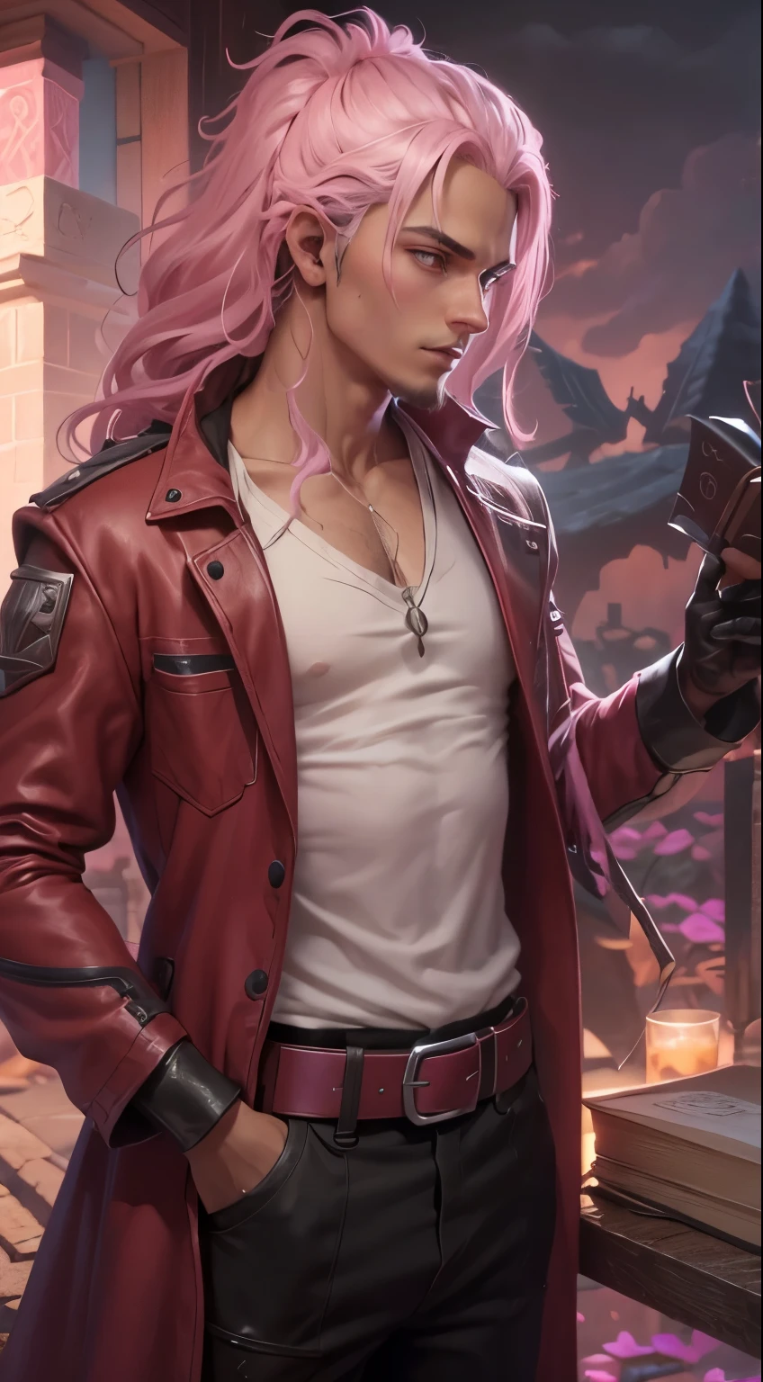Jovem homem,meio elfo,bonito com cabelos brancos e rosa com os olhos na cor pink, tom de pele negro-claro, rpg de mesa, foto perfil, ultra-hd, estiloso,