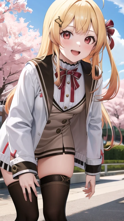 masterpiece, best quality, highres, kanadeyj, long hair, one side up, hair ribbon, hair ornament, ahoge, red eyes, neck ribbon, red ribbon, brown dress, white jacket, open clothes, long sleeves, thigh strap, black thighhighs, outdoors, cherry blossoms, standing, leaning forward, smile, open mouth, hand on own knee,