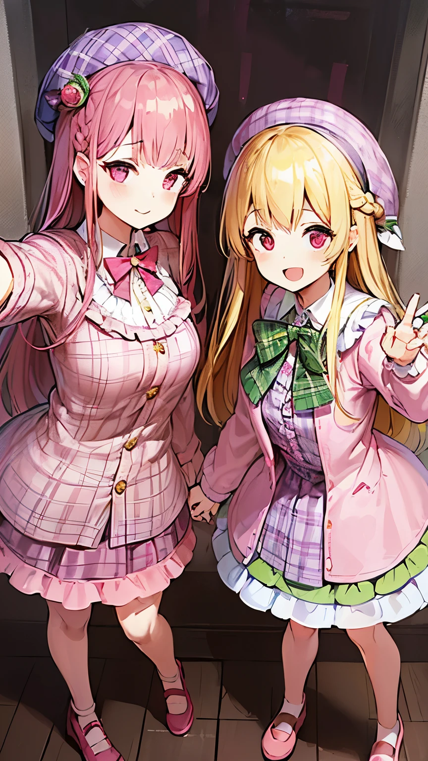 super insane detail、disorganized、ultra high resolution、super detail、highest quality、 1 girl、solo、nice hands、perfect hand-made (Vintage style beret with flower pin:1.3)、(pink&dark green plaid dress:1.5)、(Gold buttons on the front:1.2)、(frills、red bow tie、white blouse:1.4)、(peach cardigan、cable knit patterns:1.3)、(pink tights denier20:1.1)、(mint green mary jane shoes:1.2) best smile、open your mouth、wave your mouth、 A cute pose, slender、Look straight ahead with shining eyes、cute、symmetrical face、Super cute girl、Super cute face、Ultra-fine eyes、super cute hair、超cute、Super beautiful、 stylish clothing design, BREAK (medium hair、braid blonde、silky smooth hair、deep red eyes)、hair between eyes、Nape of neck, random background, age 24