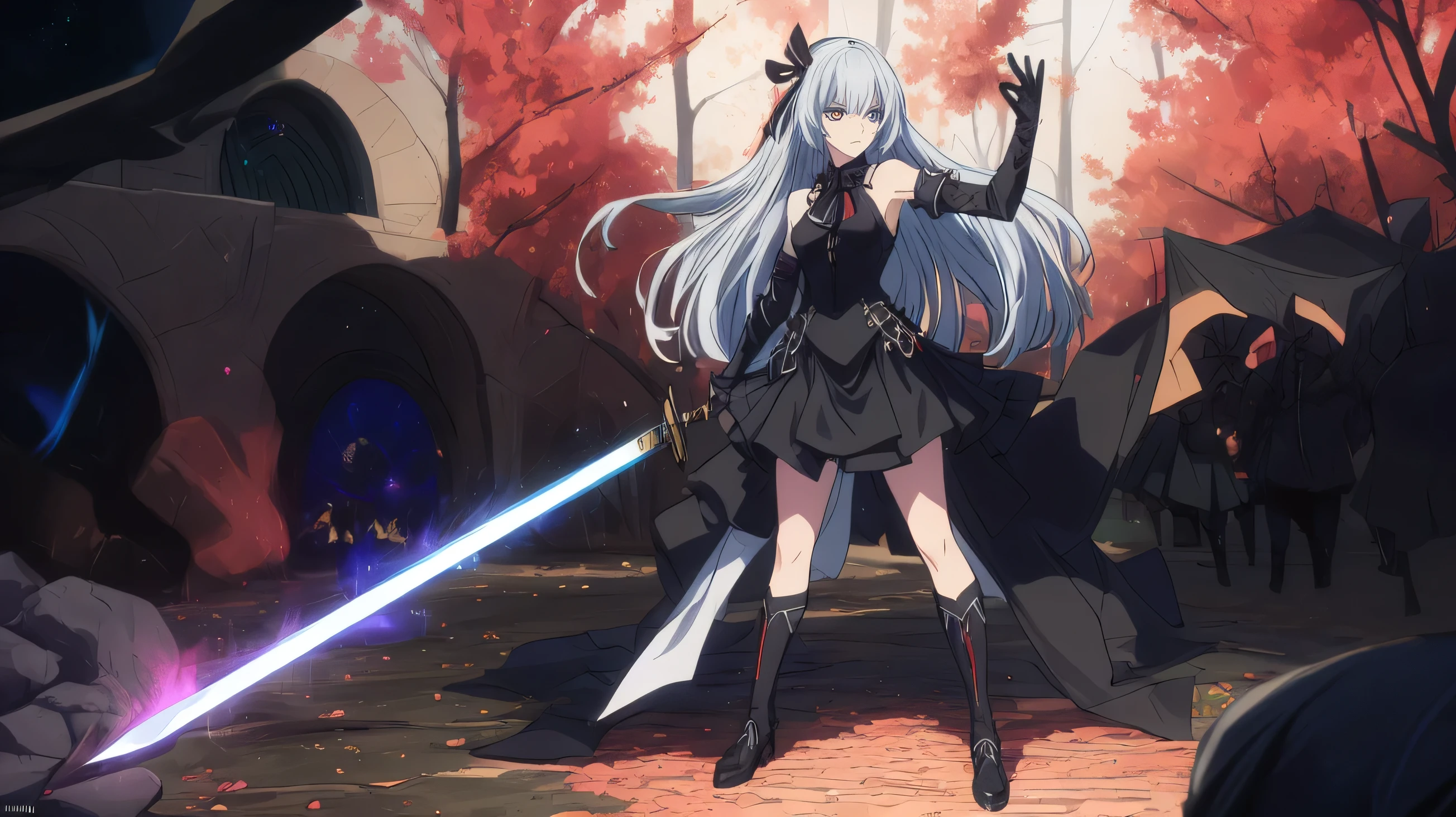 masterpiece:1.2,highest quality,1girl,(Luminous Valentine),battle pose,Depth of written boundary, (figure:1.1), landscape, background,The forest where the fairies live ,beautiful detailed eyes,Black Dress,Black boots,medium breasts,(Heterochromia iridis),(right eye,Red eyes,Red light),(left eye,blue eyes,Blue light),hair ribbon,black ribbon,(Sharp Sword,Red Sword,Pattern with blue rose decoration,Ready your sword),Epic Battle Scene