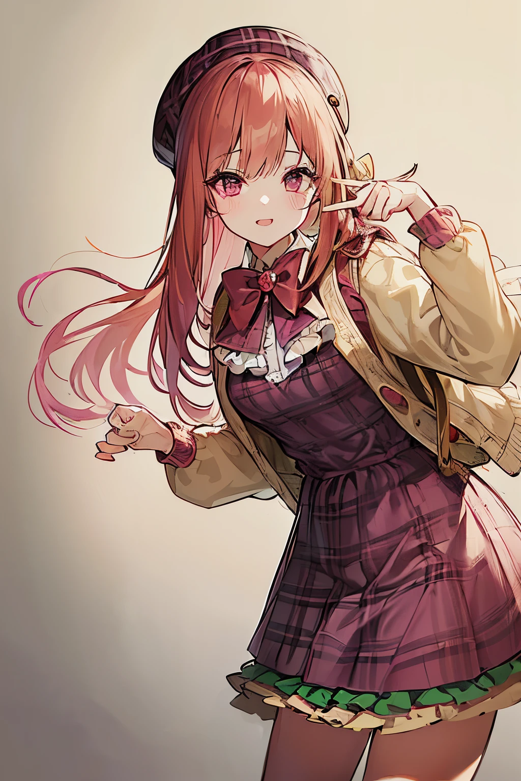 super insane detail、disorganized、ultra high resolution、super detail、highest quality、 1 girl、solo、nice hands、perfect hand-made (Vintage style beret with flower pin:1.3)、(pink&dark green plaid dress:1.5)、(Gold buttons on the front:1.2)、(frills、red bow tie、white blouse:1.4)、(peach cardigan、cable knit patterns:1.3)、(pink tights denier２０:1.1)、(mint green mary jane shoes:1.2) best smile、open your mouth、wave your mouth、 A cute pose, slender、Look straight ahead with shining eyes、cute、symmetrical face、Super cute girl、Super cute face、Ultra-fine eyes、super cute hair、超cute、Super beautiful、 stylish clothing design, ＢＲＥＡＫ　(medium hair、braid blonde、silky smooth hair、deep red eyes)、hair between eyes、Nape of neck