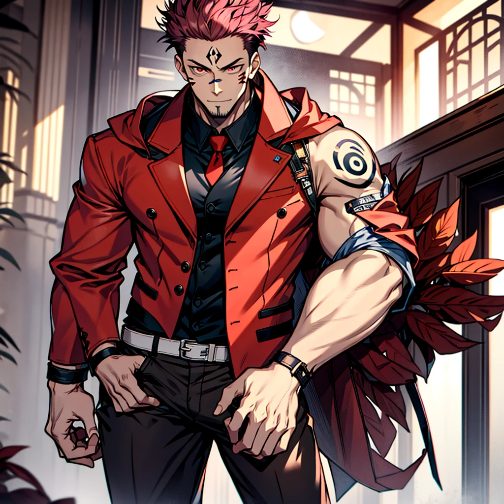 (masterpiece, best quality: 1.2), Solo, nsfw, male focus, 1boy, sukuna, tattoo_On_his_face, male, full bodyesbian, Red Leather jacket, Black Leather shirt, Leather pants, red Leather waistcoat, red Leather tie, Leather Gloves, Bulging muscles, A pink-haired, cow boy shot, 8K, super detailing, hands on penis, large erect penis over 10 inches length and 3 inches width, tight leather suit, inside the house,
