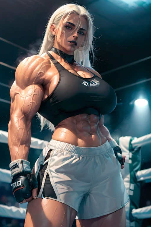 (((((Massive, beautiful, buff, sweaty, light brown skinned woman with white hair, black lipstick, ginormous muscles, in a fighter stance and wearing a black sports bra with dolphin shorts))))), close view, massive muscle, massive biceps, hyper muscle shoulders, (massive muscle arms), vascular shoulders, hyper muscle triceps, (long straight hair), blue eyes, choker, sneakers, (((fighter stance))), in a boxing ring, (fingerless gloves), closed smile, night, hyper vascular arm, hyper muscles arms, hyper muscle legs, (massive arms).