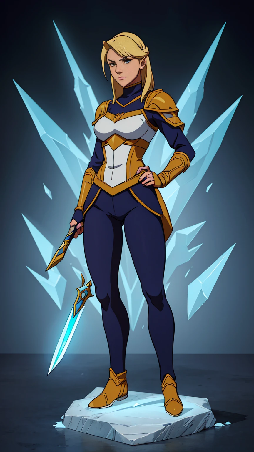 (((full body photo))), masterpiece, best quality, Agrias, simple armor with neckline, short blonde hair, asina, white shoe, ice, fantasy, solo, pants, ice effects, Holding dagger, standing, perfect hands, perfect fingers, highleg tights,using anbu mascarat,full body,