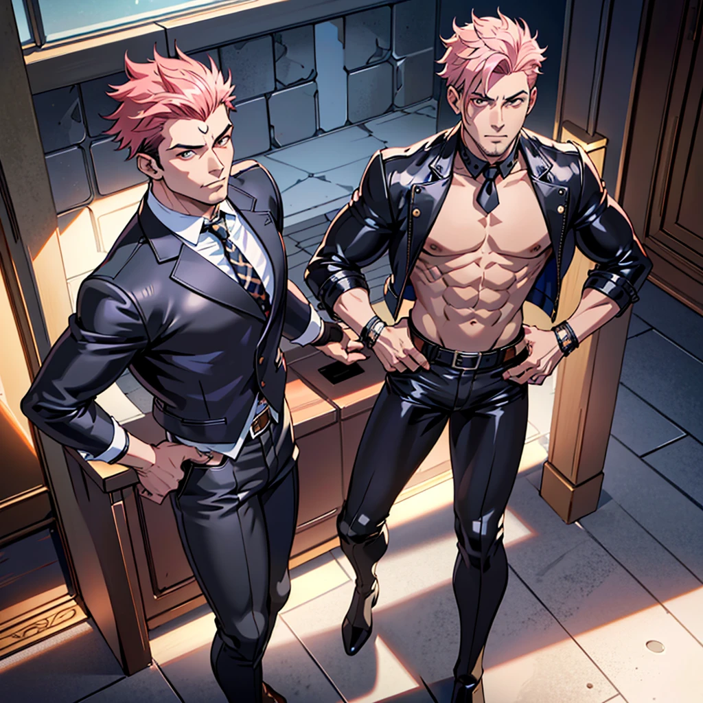 1boy, sukuna, male focus, muscular male, nsfw, 3D, realistic, indoor, normal hue, central, golden ratio, sitting on the leather couch, sharp-featured body, tall, burly, highres, slender build, perfect anatomy, skin texture, see-through bangs, shallow eyebrow, symmetrical eyebrow, large bright eyes, symmetrical eyes, double-edged polearm, broad shoulders, noble attire, abdominals stretch, tight-fitting, leather collar, stand-up collared shirt, striped leather necktie, leather waistcoat, open thickened glossy dark leather jacket, bulging muscles, leather gloves, black leather trousers, leather belt, spreading long thin legs, large erect penis over 10 inches length and 3 inches width, erection, large scrotum with testicles, masturbation, high-heeled leather boots, soft smile, handsome, powerful, from front, looking ahead at viewer, day, tattoo_On_his_face, male, full bodyesbian, A pink-haired, cow boy shot, 8K, super detailing, hands in a pocket, tight leather suit, masterpiece, best quality, hyper-detailed, intricate detail, professional photography, matte, bright, the most beautiful ever seen, post processing, dramatic lighting, ambient lighting, epic composition, ultrawide shot, uplight, raytracing reflections, depth of field, gorgeous background