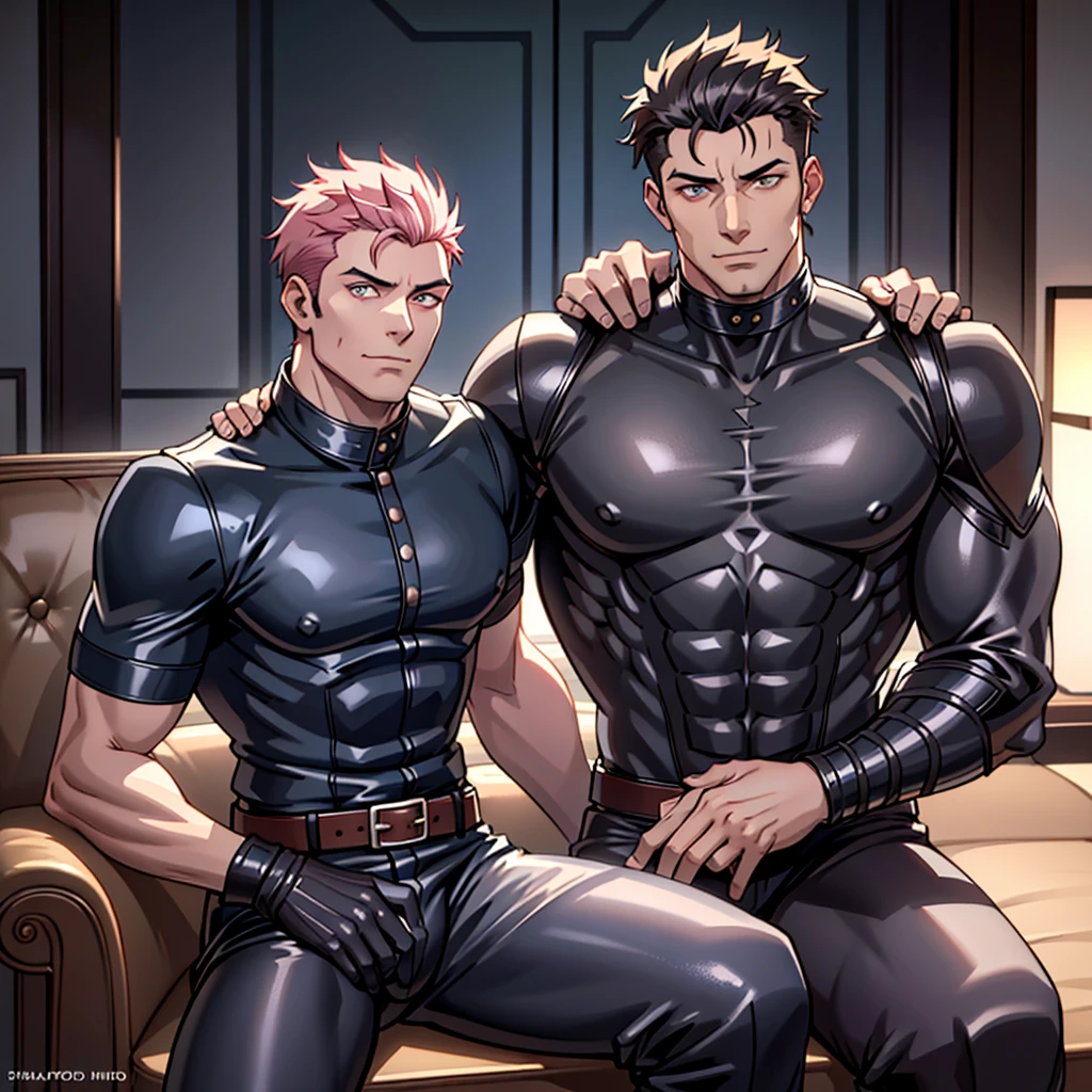 1boy, sukuna, male focus, muscular male, nsfw, 3D, realistic, indoor, normal hue, central, golden ratio, sitting on the leather couch, sharp-featured body, tall, burly, highres, slender build, perfect anatomy, skin texture, see-through bangs, shallow eyebrow, symmetrical eyebrow, large bright eyes, symmetrical eyes, double-edged polearm, broad shoulders, noble attire, abdominals stretch, tight-fitting, leather collar, stand-up collared shirt, striped leather necktie, leather waistcoat, open thickened glossy dark leather jacket, bulging muscles, leather gloves, black leather trousers, leather belt, spreading long thin legs, large erect penis over 10 inches length and 3 inches width, erection, large scrotum with testicles, masturbation, high-heeled leather boots, soft smile, handsome, powerful, from front, looking ahead at viewer, day, tattoo_On_his_face, male, full bodyesbian, A pink-haired, cow boy shot, 8K, super detailing, hands in a pocket, tight leather suit, masterpiece, best quality, hyper-detailed, intricate detail, professional photography, matte, bright, the most beautiful ever seen, post processing, dramatic lighting, ambient lighting, epic composition, ultrawide shot, uplight, raytracing reflections, depth of field, gorgeous background