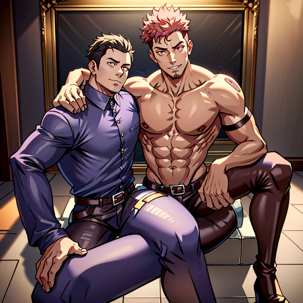 1boy, sukuna, male focus, muscular male, nsfw, 3D, realistic, indoor, normal hue, central, golden ratio, sitting on the leather couch, sharp-featured body, tall, burly, highres, slender build, perfect anatomy, skin texture, see-through bangs, shallow eyebrow, symmetrical eyebrow, large bright eyes, symmetrical eyes, double-edged polearm, broad shoulders, noble attire, abdominals stretch, tight-fitting, leather collar, stand-up collared shirt, striped leather necktie, leather waistcoat, open thickened glossy dark leather jacket, bulging muscles, leather gloves, black leather trousers, leather belt, spreading long thin legs, large erect penis over 10 inches length and 3 inches width, erection, large scrotum with testicles, masturbation, high-heeled leather boots, soft smile, handsome, powerful, from front, looking ahead at viewer, day, tattoo_On_his_face, male, full bodyesbian, A pink-haired, cow boy shot, 8K, super detailing, hands in a pocket, tight leather suit, masterpiece, best quality, hyper-detailed, intricate detail, professional photography, matte, bright, the most beautiful ever seen, post processing, dramatic lighting, ambient lighting, epic composition, ultrawide shot, uplight, raytracing reflections, depth of field, gorgeous background