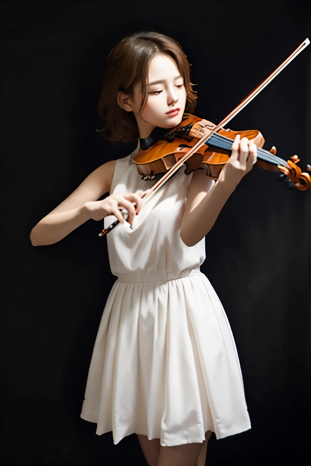 (masterpiece, best quality:1.2), 1girl, playing violin, solo, blank background, white background,