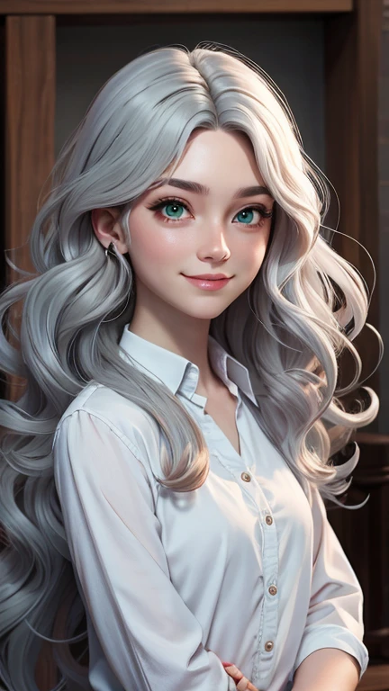 master part, best quality, 1st grade, green eyes, white skin, grey hair, wavy hair, long hair, , long shirt, simple bottom, alone, light smile, upper body