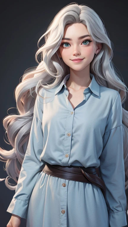 master part, best quality, 1st grade, green eyes, white skin, grey hair, wavy hair, long hair, , long shirt, simple bottom, alone, light smile, upper body