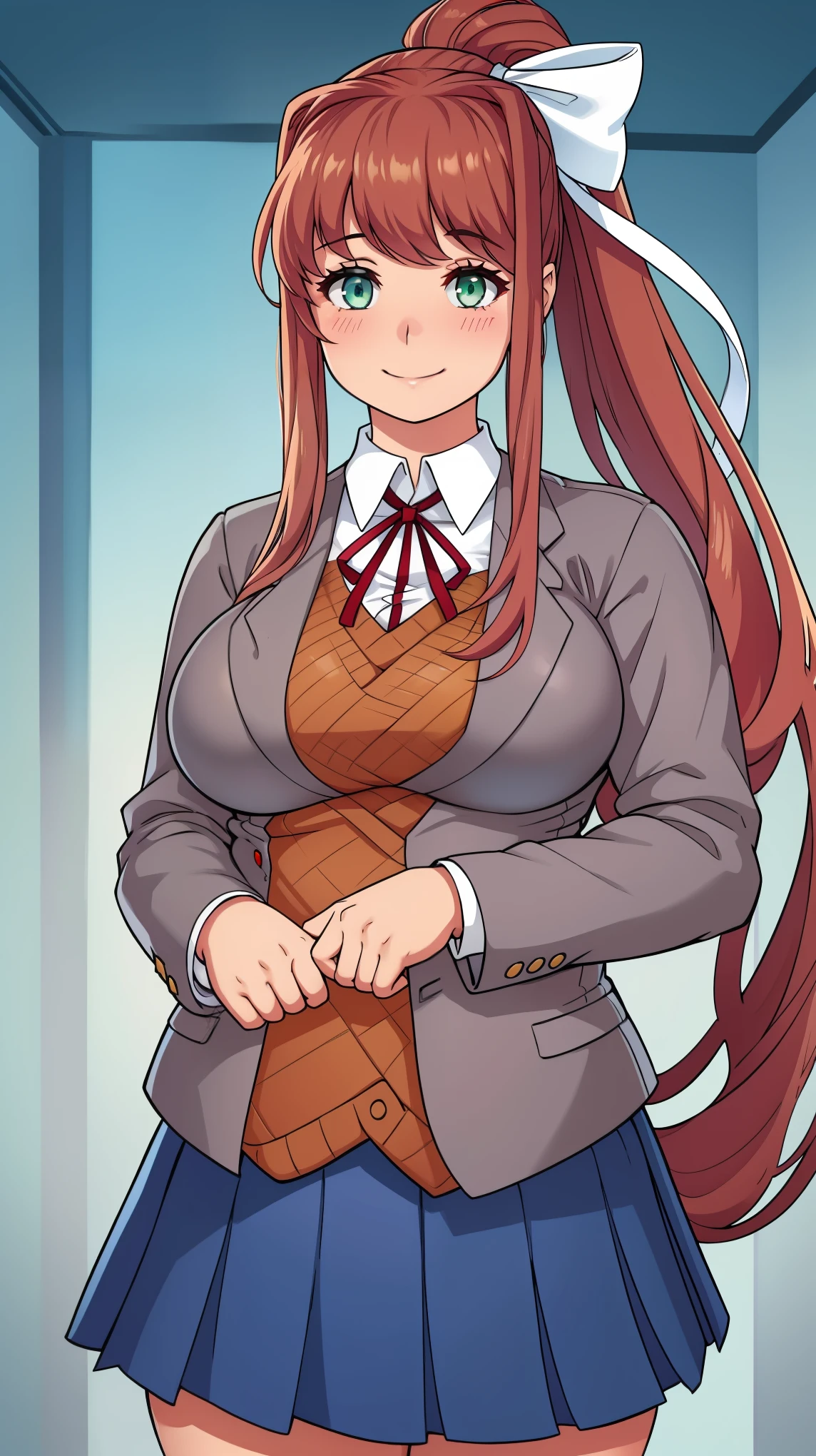 Monika, bangs, very long hair, smile, long hair, neck ribbon, looking at viewer, ponytail, shirt, , hair bow, white bow, pleated skirt, brown hair, grey jacket, sidelocks, solo, blush, blue skirt, skirt, 1girl, breasts, blazer, green eyes, looking at viewer,