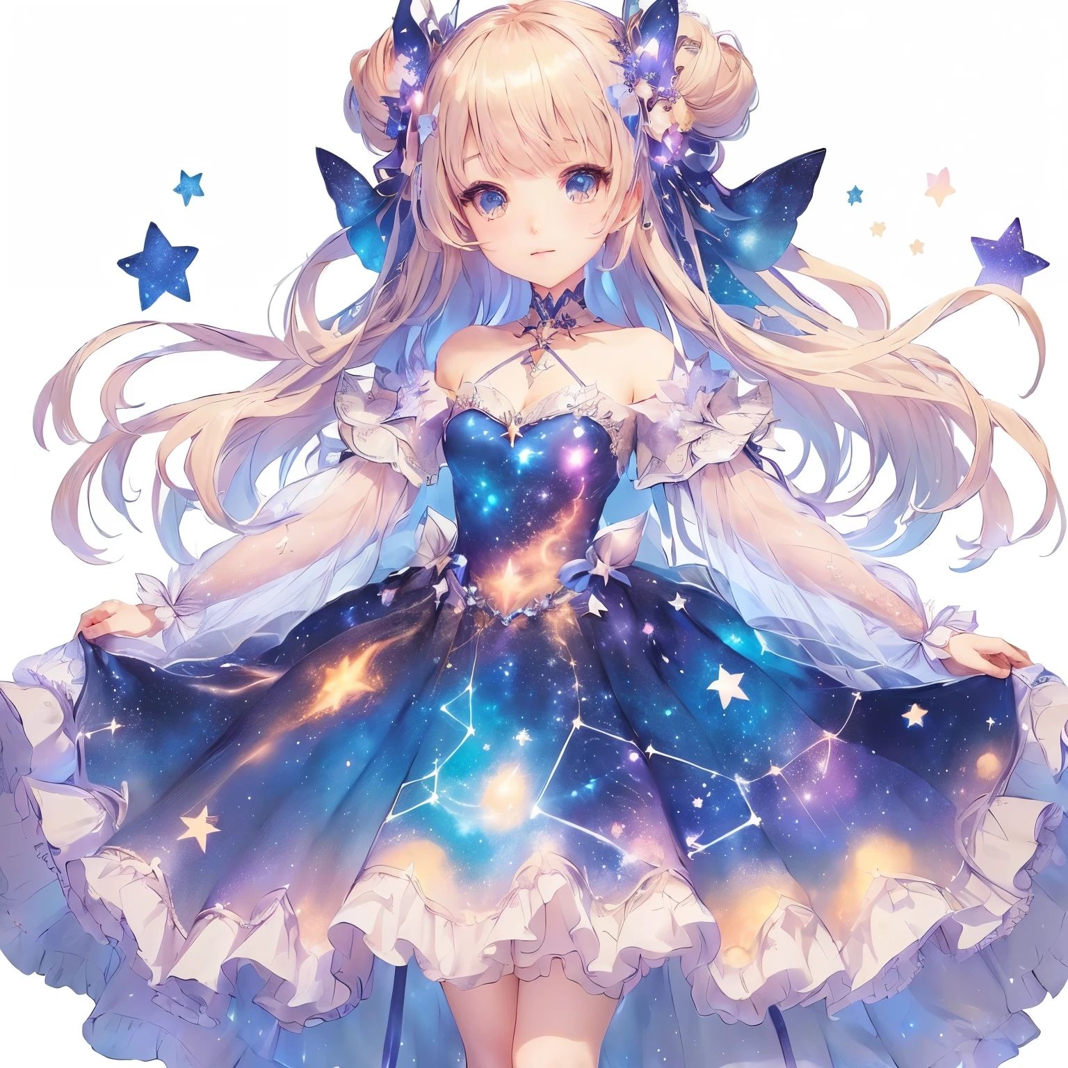 A girl in a dress with stars and ribbons, Cute anime waifu in a nice dress, Blonde girl in space dress, Anime girl with space-like hair, Beautiful Sky Magician, Galaxy Goddess, Sparkling Magical Girl, Astral Dress, Lori, Shadowverse Style, Beautiful anime art style, Anime Goddess, Magical Dress, Astral Witch Outfit,Real