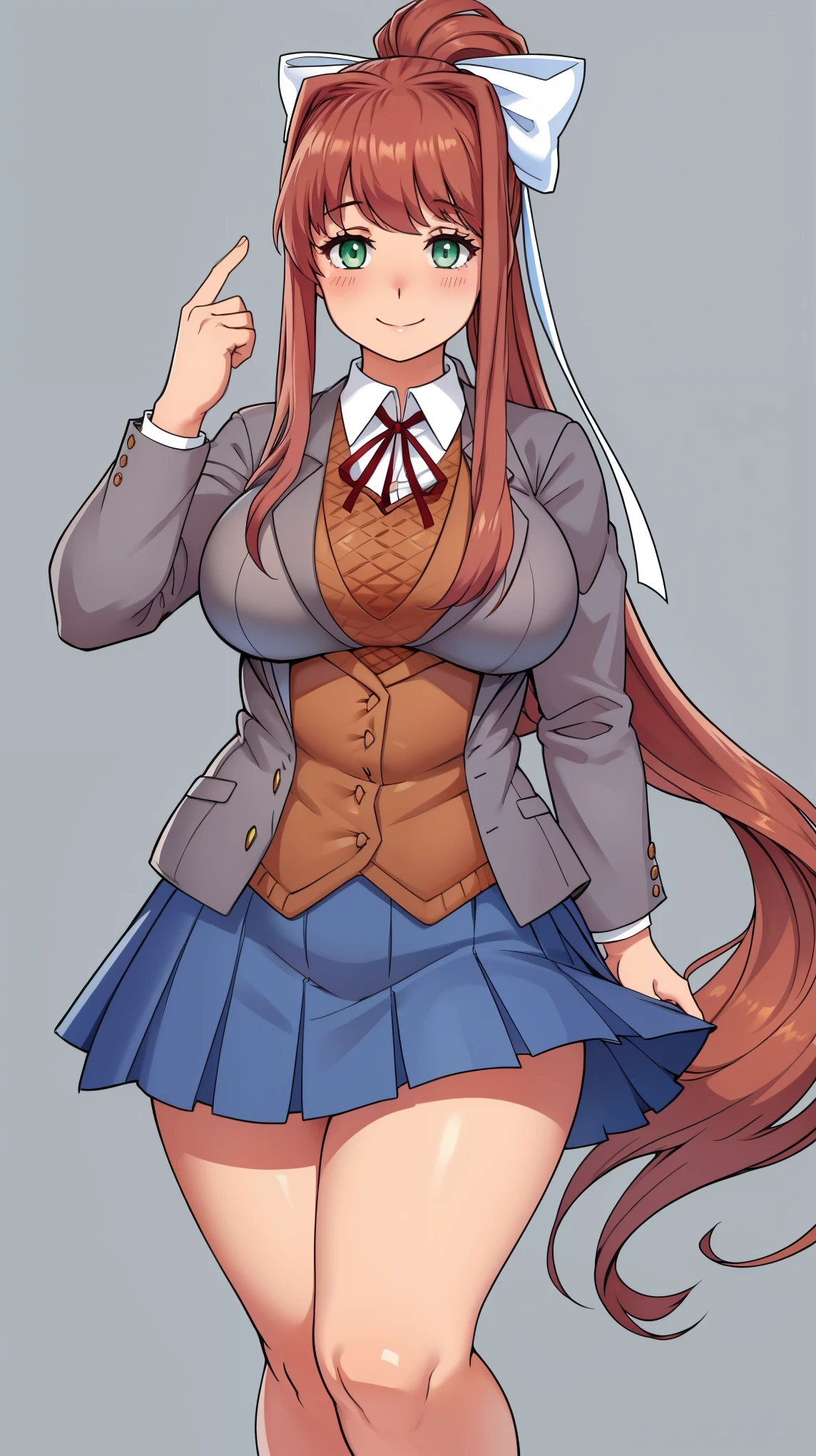 Monika, bangs, very long hair, smile, long hair, neck ribbon, looking at viewer, ponytail, shirt, , hair bow, white bow, pleated skirt, brown hair, grey jacket, sidelocks, solo, blush, blue skirt, skirt, 1girl, breasts, blazer, green eyes, looking at viewer,