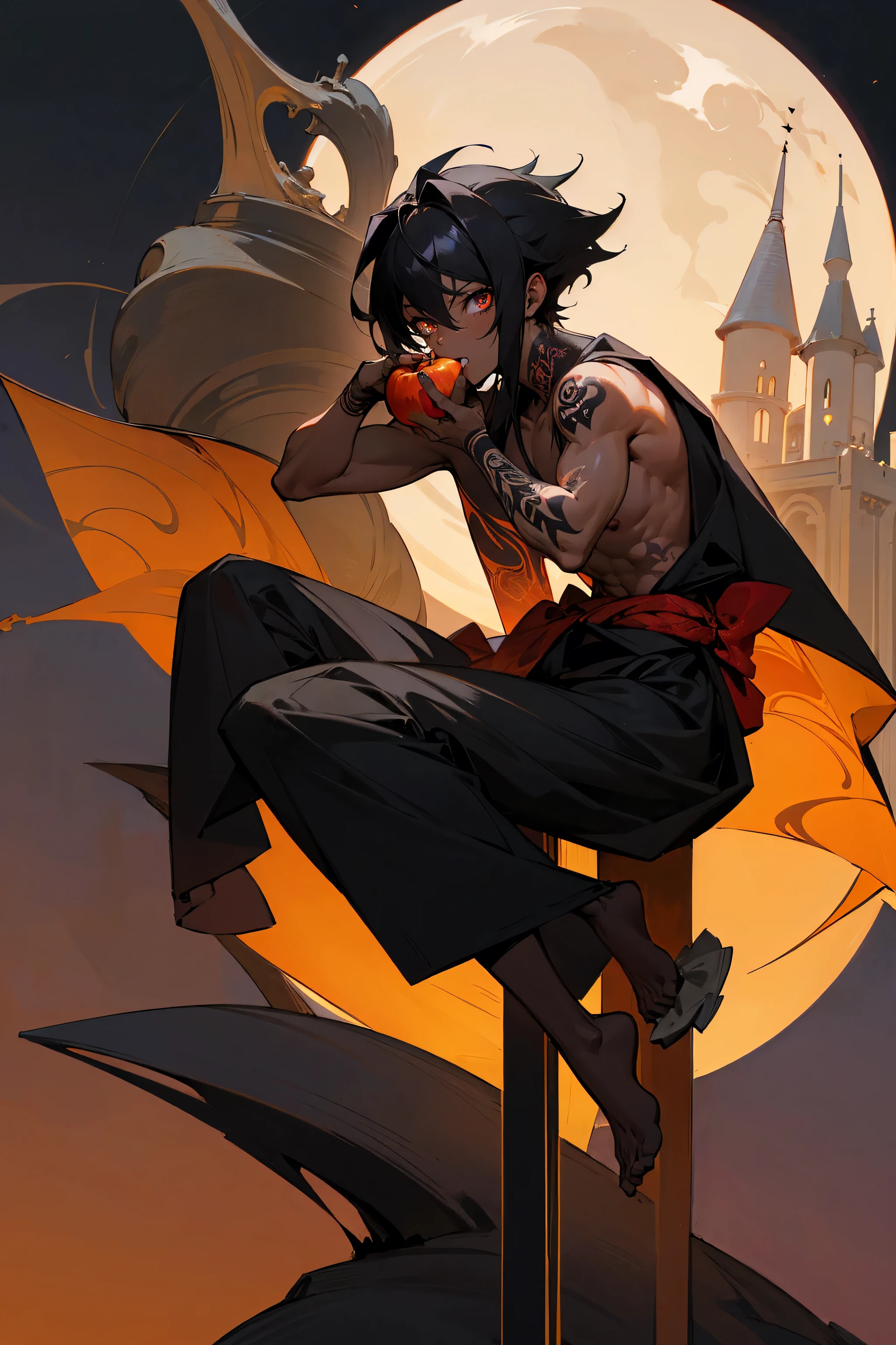 Masterpiece Quality, Perfect Generation, Black Sclera, Black Hollow Eyes, Dark Skin, Black Meliodas Hair, Muscular, Kimono, Crazy Expression, Tattoos, Old Castle Background, Full Body, Tanned Skin, Facing Viewer, Sitting, Dark, Night City, Eating Apple, Dark Skin