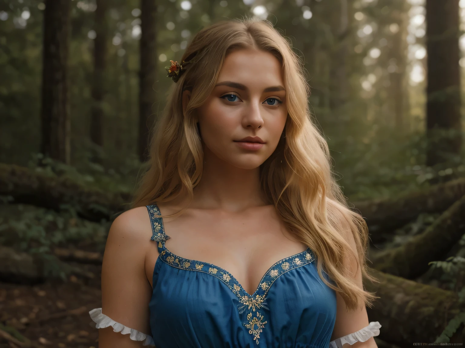 a young caucasian woman, beautiful detailed blue eyes, curled blonde hair, gypsy dress, charming a snake, pacific northwest forest, photorealistic, 8k, highly detailed, intricate, digital painting, soft lighting, warm colors, cinematic composition, hyperrealistic